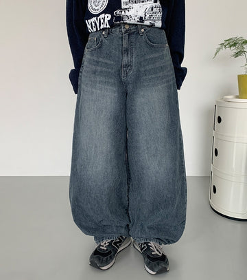 Elleud Cat Washing Wide Balloon Denim Pants
